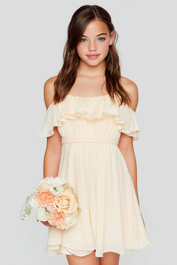Apricot A-Line Cold Shoulder Chiffon Short Junior Bridesmaid Drss with Ruffles